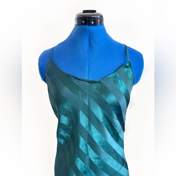 Vintage 90s Lingerie Cacique Emerald Shiny Striped Nightgown Slip Dress Small - Picture 2 of 7